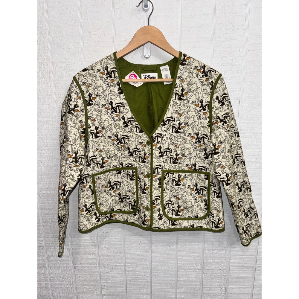 Disney Bambi Flower Quilted Jacket Women Green Cream Sketch Print Medium